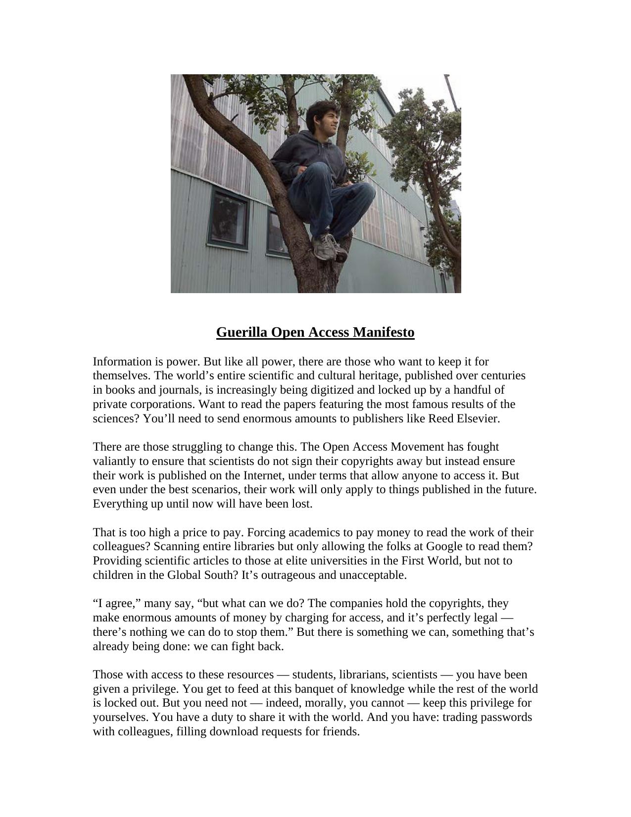 Guerilla Open Access Manifesto
