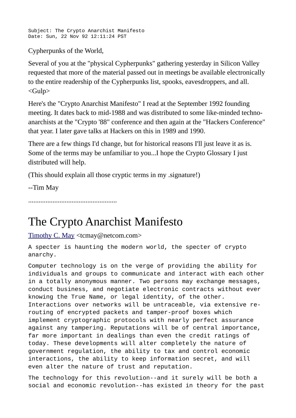 The Crypto Anarchist Manifesto